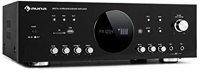 auna AMP Verstärker - Stereo-HiFi-Verstärker für Karaoke,Heimkino, USB- und SD-Anschluss, Frequenz: 20 Hz bis 20.000 Hz, 43 x 14,5 x 30,5 cm (BxHxT), Schwarz