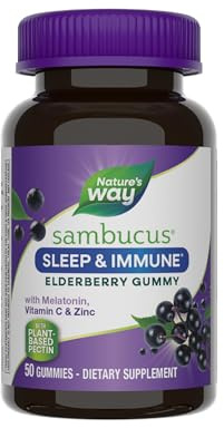 Nature’s Way Sambucus Sleep + Immune* Elderberry Gummies, Sleep Support for Adults and Immune Support*, With Melatonin, Vitamin C, L-Theanine, Zinc, 50 Gummies (Packaging May Vary)