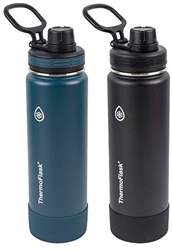 ThermoFlask Stainless Steel Water Bottles 2-Pack - Double-Wall Vacuum Insulated 24 oz BPA-Free Spout Lids - Keeps Drinks Cold 24 Hrs, Hot 12 Hrs - Leakproof, Dishwasher Safe, Mayan Blue/Black