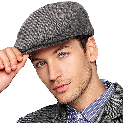 Herren Ivy Gatsby Newsboy Cap - Klassische Wollmischung Tweed Flat Cap Cabbie Hut Herren, Gefülltes Wattiertes Futter Grau, 59-61