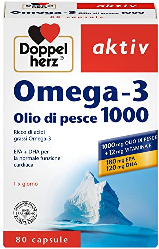 Doppelherz Omega-3 1000 Integratore 80 Capsule per Adulti | 300 mg Omega-3 (180 mg EPA + 120 mg DHA), Olio di Pesce Purificato, Con Vitamina E, Per Cuore, Cervello e Vista