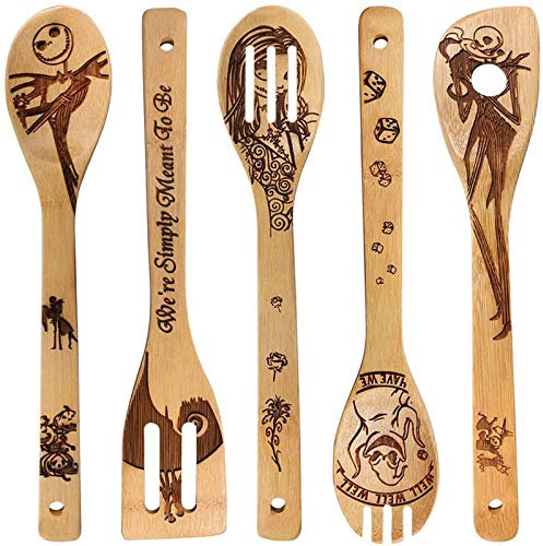 Lot de 5 cuillères en bambou - Ustensiles de cuisine et de service - Motif magique - Cuillère en bois brûlé - Cadeau parfait pour les chefs et les gourmets (cuillères Jack)