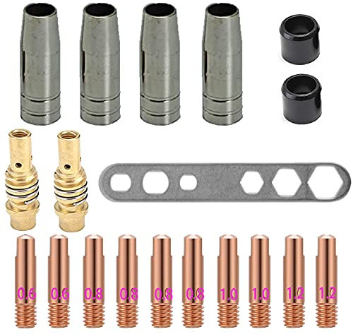 MIG MAG Schweißzubehör MB15AK, Ersatzteile Schweißgerät, Schweißbrenner Zubehör, 19-teilig Verschleissteile Set, 4x Gasdüse, 10x Stromdüse M6, 2x Düsenstock mit Haltefeder, 2x Isolator, 1x Werkzeug
