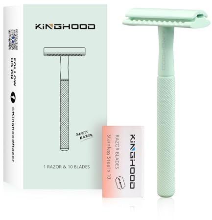 Kinghood Rasoir de sécurité à lame unique avec 10 lames à double tranchant, rasoir réutilisable zéro déchet, poignée en métal