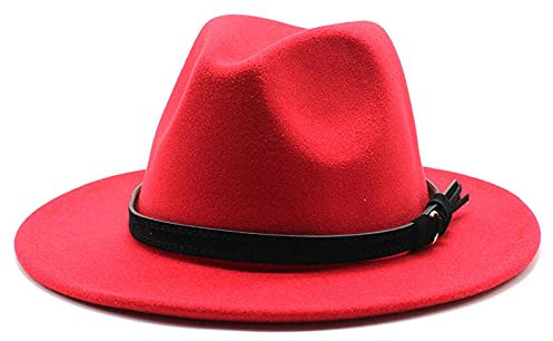 maozuzyy Fedora Trilby Damen Hut Band Band Band Filzhut Kirche Formaler Hut Breiter Krempe Retro Damen Fedora Hut-Rot_M_56-58Cm