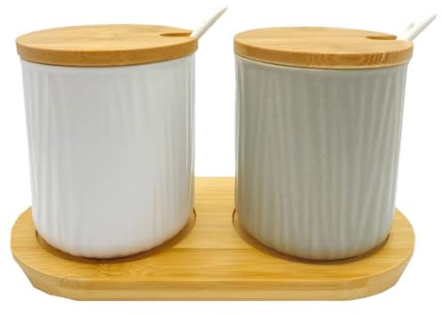 DouYuan Juego de 2 Azucarero Cerámica, Salero y Azucarero Cocina Modernos con Tapa y Cuchara, 300ml/10.15oz, para Azúcar, Sal, Té, Especias y Más