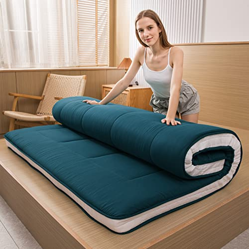 MAXYOYO Futon Materasso imbottito giapponese da pavimento trapuntato, imbottitura per letto extra spessa e pieghevole, lettino per gli ospiti (bluestone, matrimoniale), Doppio