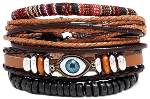 KunBead Jewelry Evil Eye Braided Leather Rope Handmade Boho Bohemian Wrap Wristband Bangle Multilayer Gifts Bracelets for Women Girls
