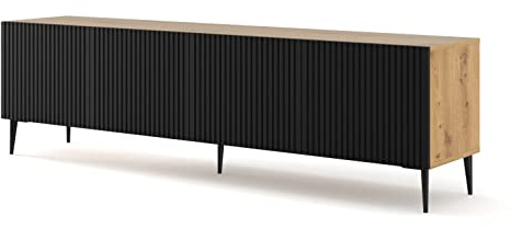 BIM Furniture Lowboard TV 200 cm – Sideboard mit Gefrästen MDF-Fronten, Push-to-Open, Schwarze Metallfüße – Fernsehschrank HiFi Schrank fürs Wohnzimmer Eiche Artisan und Schwarz Matt,
