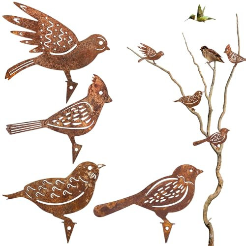 Suynauetev 4 PCS Oiseaux Decoratifs rouillé Oiseau Decoration Deco Jardin Exterieur rouillée métal rouillé Metal Bird pour Décoration de Tronc de Branche d'arbre pour Patio Parc et Clôture