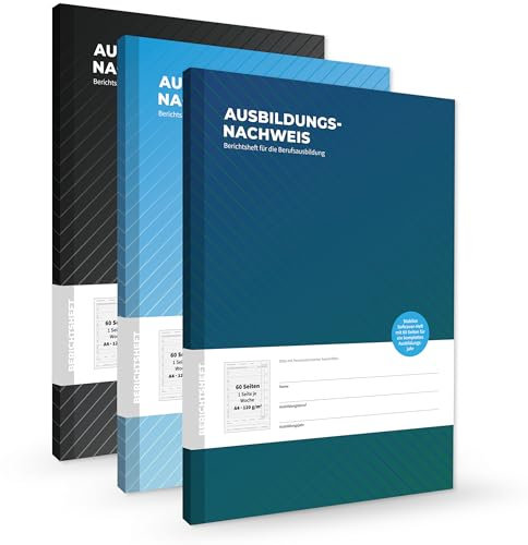 3er Set Ausbildungsnachweishefte, für 3 Jahre, hochwertige Berichtshefte für die Ausbildung, Softcover mit Fadenheftung, DIN A4, 1 Woche je Seite, Montag bis Sonntag
