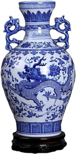 Vase en porcelaine bleu et blanc - Vase en porcelaine bleue et blanche - Vase en céramique peint à la main - Motif dragon - Amphore - Décoration florale de salon - Hauteur : 32 cm