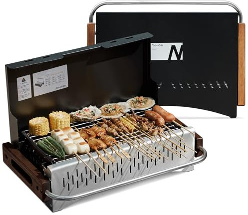 Naturehike Holzkohlegrill Klappgrill 50.2 x 32.8 x 33.5 cm Laptopgrill Portabel Mobil Campinggrill Tischplatte BBQ Koffergrill für Outdoor Tischgrill Garten, Schwarz