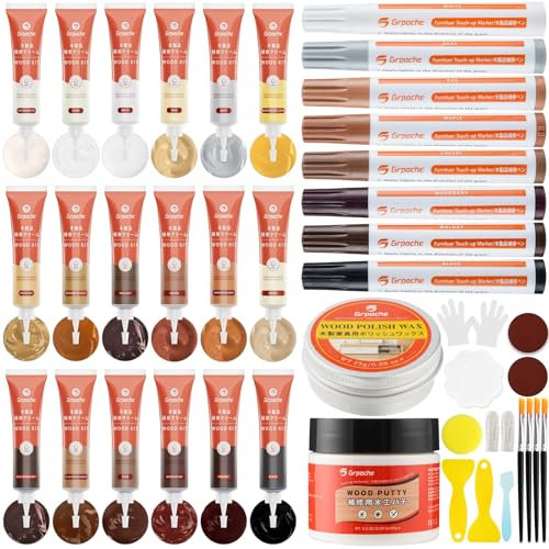 Set di Riparazione per Parquet, 40 Pezzi Kit Riparazione Mobili in Legno, Pennarelli per Ritocchi per Macchie, Graffi, Pavimenti, Tavoli, Pali del Letto