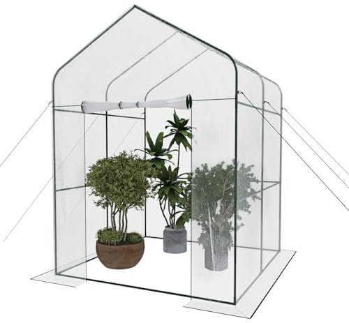 Serra Da Giardino Per Orto Senza Ripiani Telaio In Metallo A Casetta In Acciaio Telo Trasparente In PVC Porta Avvolgibile Apertura A Cerniera Protezione Piante Giardinaggio 143 x 143 x 195 Cm