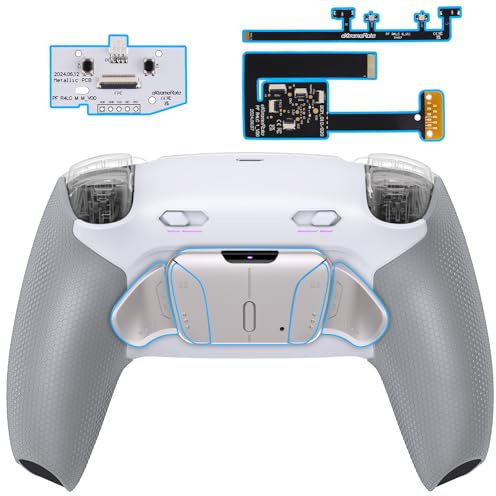 eXtremeRate RISE4 Plus MAX Metall Remap Kit für ps5 Controller BDM-010/020, Gummiert Griff Rückgehäuse Case & Real Metal Back Button Paddles & Clicky Trigger Upgrade Kit für ps5–Weiß Grau