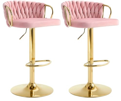 WOLTU Set di 2 Sgabelli da Cucina Altezza Regolabile, Sgabelli da Bar in Velluto, Girevoli a 360°, con Base in Metallo e Poggiapiedi, Rosa