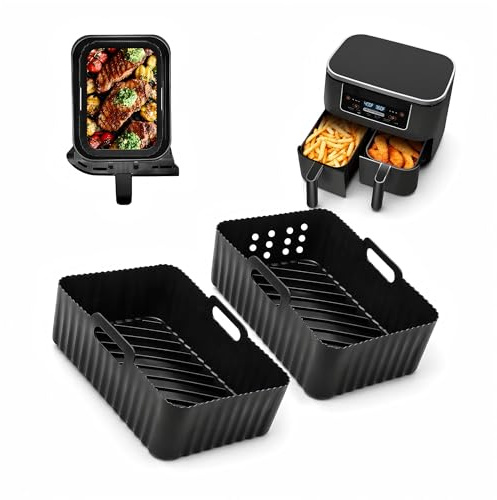 Szyeequoo Silicone Air Fryer Liners for Ninja AF451UK AF400UK SL400UK, 2 Pack 4.25L Dual Basket Liners, 1 Perforated & 1 Solid, Reusable Air Fryer Accessories for 9.5L Dual Zone
