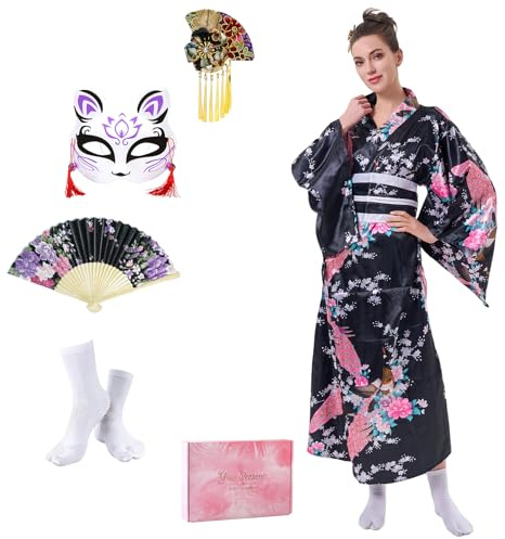 CRFASIBE 5 delar lång kimono för kvinnor rock set japansk traditionell kimono klänning kostym påfågel kimono geisha klänning Yukata fotografi cosplay set, Svart, One Size