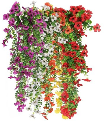 Leixi 5Pcs Artificial Hanging Flowers, Multicolor UV-Resistant Fake Hanging Plants Flower Bouquet for Wall Home Room Garden Yard Patio Wedding Indoor Outdoor Decoration