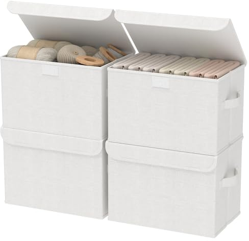 GUOHNHE Fabric Storage Bin with Lid, Closet Boxes with Cover, Collapsible Stackable Organizer Basket with 2 Handles, for Home and Bedroom, 4 Pack, White, 26 x 20 x 17 cm, XSNY12WS-4