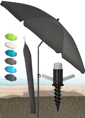 Menz Sonnenschirm Strand in Anthrazit - Komplettes 3er-Set inkl. robustem Sonnenschirm + solider Bodenhülse + langlebiger Schutzhülle, Strandschirm windfest stabil, Strandschirm mit UV50+ Schutz