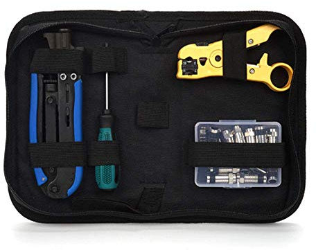 Kit de crimpadora de Cables coaxiales con Herramienta de compresión, Juego de Herramientas de Mantenimiento para reparación de Cables de Red con Bolsa de Almacenamiento, Pelacables