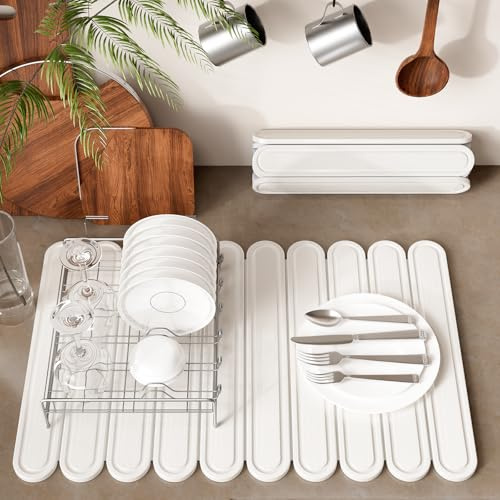 Stone Dish Drying Mat for Kitchen Counter, Quick Dry Stone Mat Kitchen for Dishes Bottles Cups, Large Foldable Diatomaceous Earth Dish Drying Mats Match Any Countertop, White-1