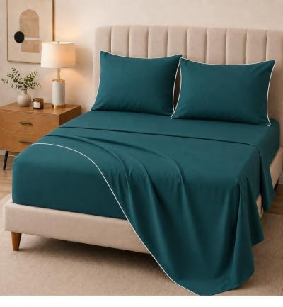 Completo Lenzuola Matrimoniali 100% Cotone Made in Italy – Set Letto Elegante con Profilo Decorativo, Stile Moderno e Fantasia Tinta Unita Disponibile in Diverse Raffinate Colorazioni (Ottanio)