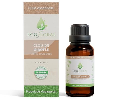 Ecofloral Huile Essentielle Clou de Girofle de Madagascar - 100% Pure et Naturelle HEBBD Sans Aucun Ajout - Antibactérienne, Tonique Digestif, Relaxante - Idéale pour Diffusion et Massage - 30 ml