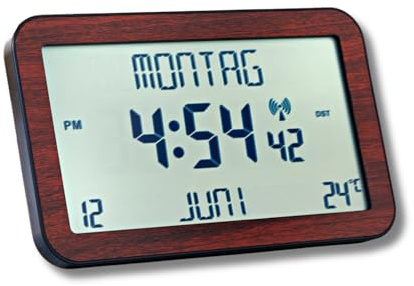 3 Pagen® Digitale Wanduhr XL mit großem Display – Digitale Funkuhr mit Temperaturanzeige, Datum & Tag – große Ziffern für Gute Lesbarkeit - Holzoptik - batteriebetrieben - 6 Sprachen einstellbar