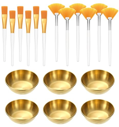JIHUOO 18 Pcs Esthetician Facial Supplies Tools Small Face Mask Bowls and Brush Set Includes 6 Pcs Facial Mask Fan Brushes 6 Pcs Stainless Steel Gold Mixing Bowls 6 Pcs Face Mask Cosmetic Applicators