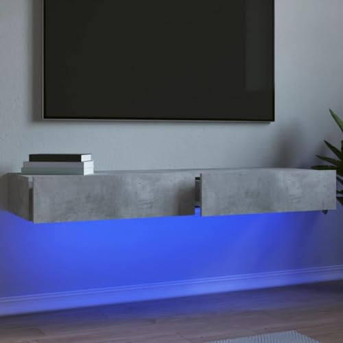 Qnhdfrt Lot de 2 meubles TV bas avec éclairage LED RVB - Gris béton - 120 x 35 x 15,5 cm - Buffet TV moderne - Meuble de rangement pour salon