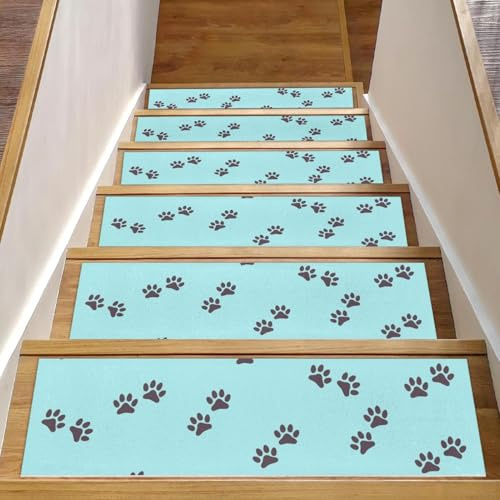 RODAILYCAY Confezione da 15 tappetini per scale con stampa di zampe di cane e gatto, antiscivolo, per gradini in legno, tappeti per scale per interni, tappetini di sicurezza per anziani, bambini e
