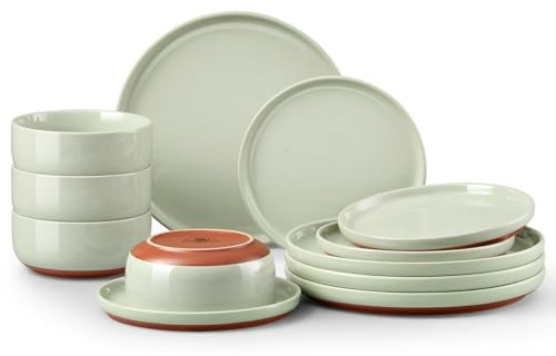 Homikit 12-Piece Dinner Stoneware Set, Speckled Plates and Bowls Dishware with Rustic Terracotta Underside, Reactive Glaze & Scratch Resistant, Microwave and Dishwasher Safe - Pastel Green