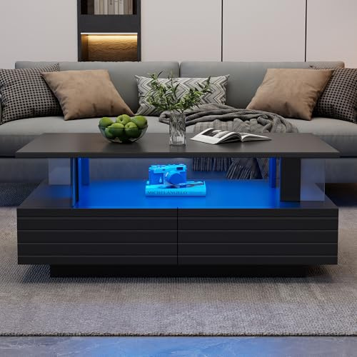 Merax Coffee Table with 2 Drawers, Black LED Centre Table, Modern Rectangle Sofa Side Table and End Table for Living Room or Office, 100×50×42.5cm, Particleboard + Acrylic