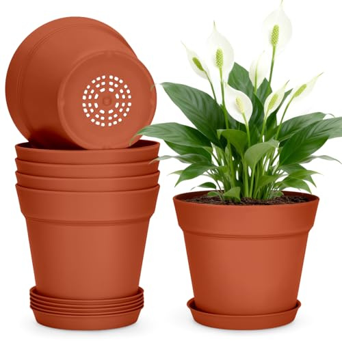 KINGLAKE 6 Pièces 15CM Pots Plastique Plantes Petite, Cache Pot Interieur Exterieur, Pot de Fleur Décoratifs Modernes, avec Plateaux et Trou de Drainage, pour Semis, Succulentes, Herbes -Terre Cuite