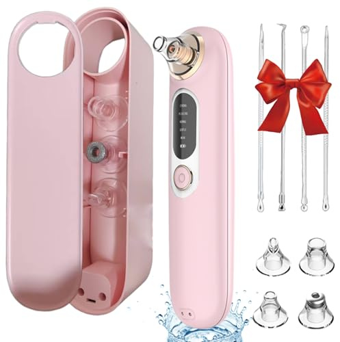Blackhead Remover Pore Vacuum with 5 Suction Levels, Facial Pore Cleaner with 4 Replaceable Tips, USB Rechargeable Blackhead Extractor for Women and Men, Pink