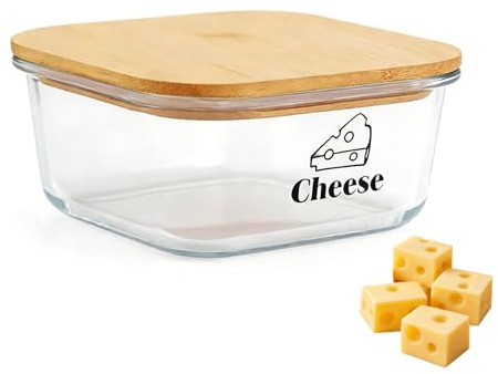 Hynorian Contenitore per formaggi frigorifero 1200 ml quadrato in vetro borosilicato con coperchio in bambù e anello in silicone come contenitore per formaggi e salumi di formaggio, trasparente per