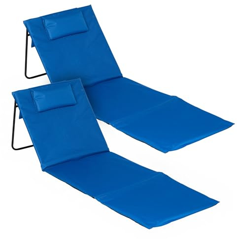 Spetebo Set med 2 vikbara strandstolar med justerbart ryggstöd – blå – hopfällbar liggmatta 145 x 48 cm med huvudkudde – trädgårdsstol, strandstol, solmatta för trädgård, camping, picknick