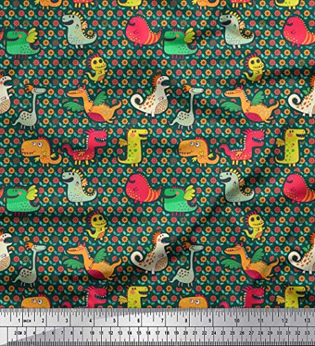 Soimoi Grun Baumwolljersey Stoff Blumen & Dinosaurier Karikatur Stoff drucken Meter 58 Zoll breit