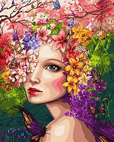 LukFun DIY Ölgemälde Malen nach Zahlen Kits für Erwachsene, Malen nach Zahlen, Bunte Schmetterlinge & Beauty Lady Craft auf Leinwand 40x50cm (Blumenmädchen, Ohne Rahmen)
