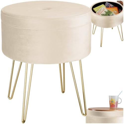 tectake® Sgabello Rotondo Vellutato, Pouf Contenitore, Effetto Velluto, Pouf Poggiapiedi, Grande Scomparto Interno, Pouf Letto, Gambe Oro Scintillanti, Capacità Massima 300 kg - Bianco Crema
