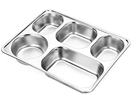 QOTSTEOS Edelstahl-Tablett mit geteilten Tellern, 5 Fächern, rechteckig, geteilt, für Erwachsene, Kinder, kompakte Servierplatte aus Metall, Essensnack, Camping-Gerichte