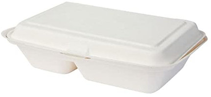 BIOZOYG Cuenco orgánico desechable biodegradable de bagazo de caña de azúca r650ml I Caja almuerzo 2 divisiones con tapa I 50 cuencos rectangular para menú 25 x 16,5cm blanco