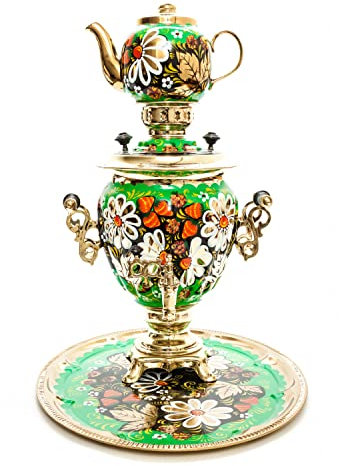 SkazkaSite Daisies Hand Painted Electric Samovar Kettle with Teapot and Tray, Portable, 3.2L, Green, ELECTRIC_WATER_BOILER