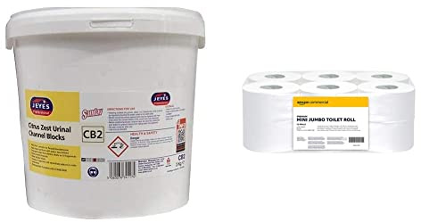 Jeyes JY34117 Sanilav Urinal Channel Blocks, Citrus, 3 kg & AmazonCommercial Mini Jumbo Toilet Roll, 2 PLY - Pack of 12 rolls (557 sheets/roll)