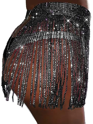Faldas de Vidrio con borlas de Diamantes de imitación, Falda con Flecos, Bufanda de Cadera y Cinturones de Rave para Mujer, Negro -, 2-18