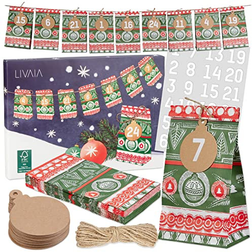 Calendario de Adviento para Rellenar: Calendario de Adviento 2025 – Pegatinas de números, Colgante de Regalo, Bolsas de Papel pequeñas – Calendario de Adviento DIY LIVAIA