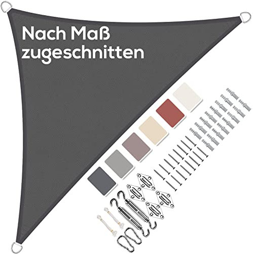 Sonnensegel Dreieckig Wasserdicht im Viele Größe und Farben, mit Befestigungs Kit PES Polyester, Sonnenschutz 95% UV Schutz,Anthrazit, 1.6x1.6x2.3m, Reißfest Wetterfest für Terrasse Garten